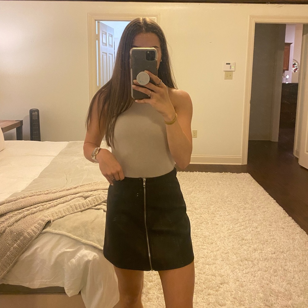 Black Leather Skirt with Silver Zipper